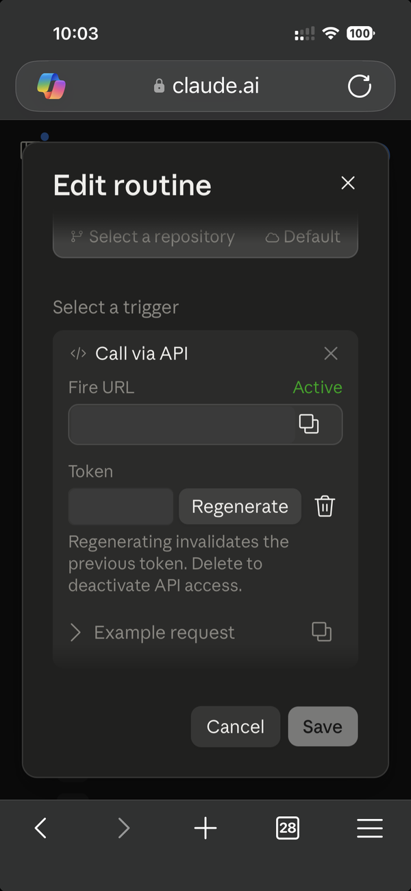 Screenshot: Copy the Fire URL, then generate a token. Both go into step 04 on this page