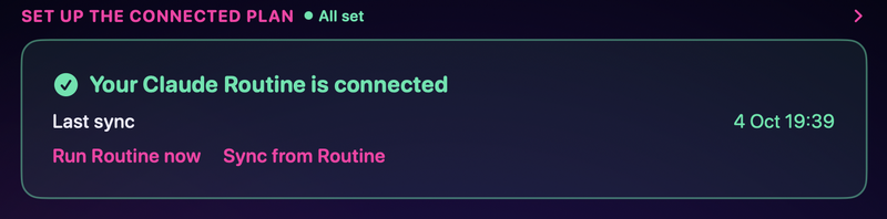 EmailOwl settings: Set up the Connected plan, All set. Your Claude Routine is connected, with the last sync time and Run Routine now.